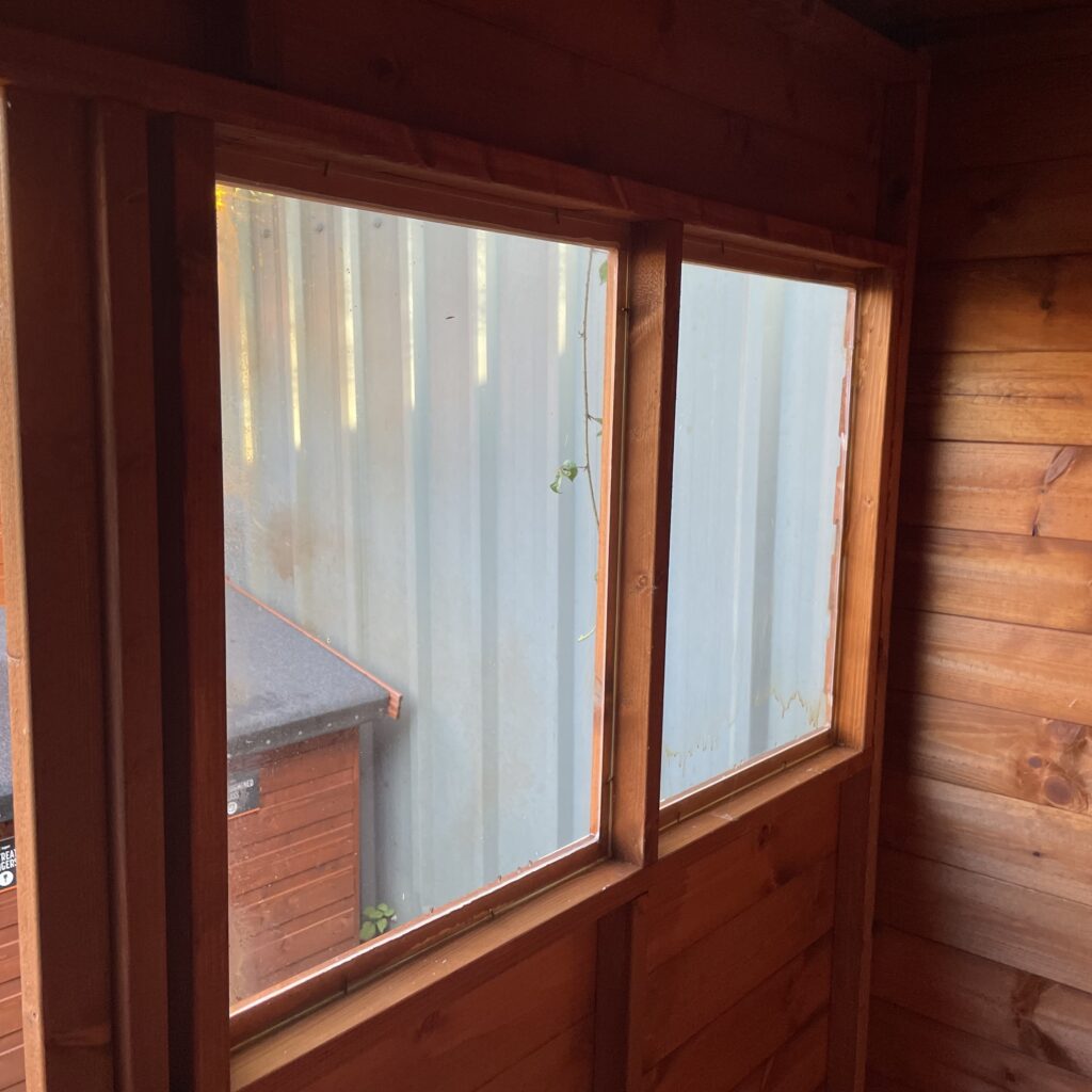 Interior view of a Tiger Shiplap Pent Shed showcasing two large windows