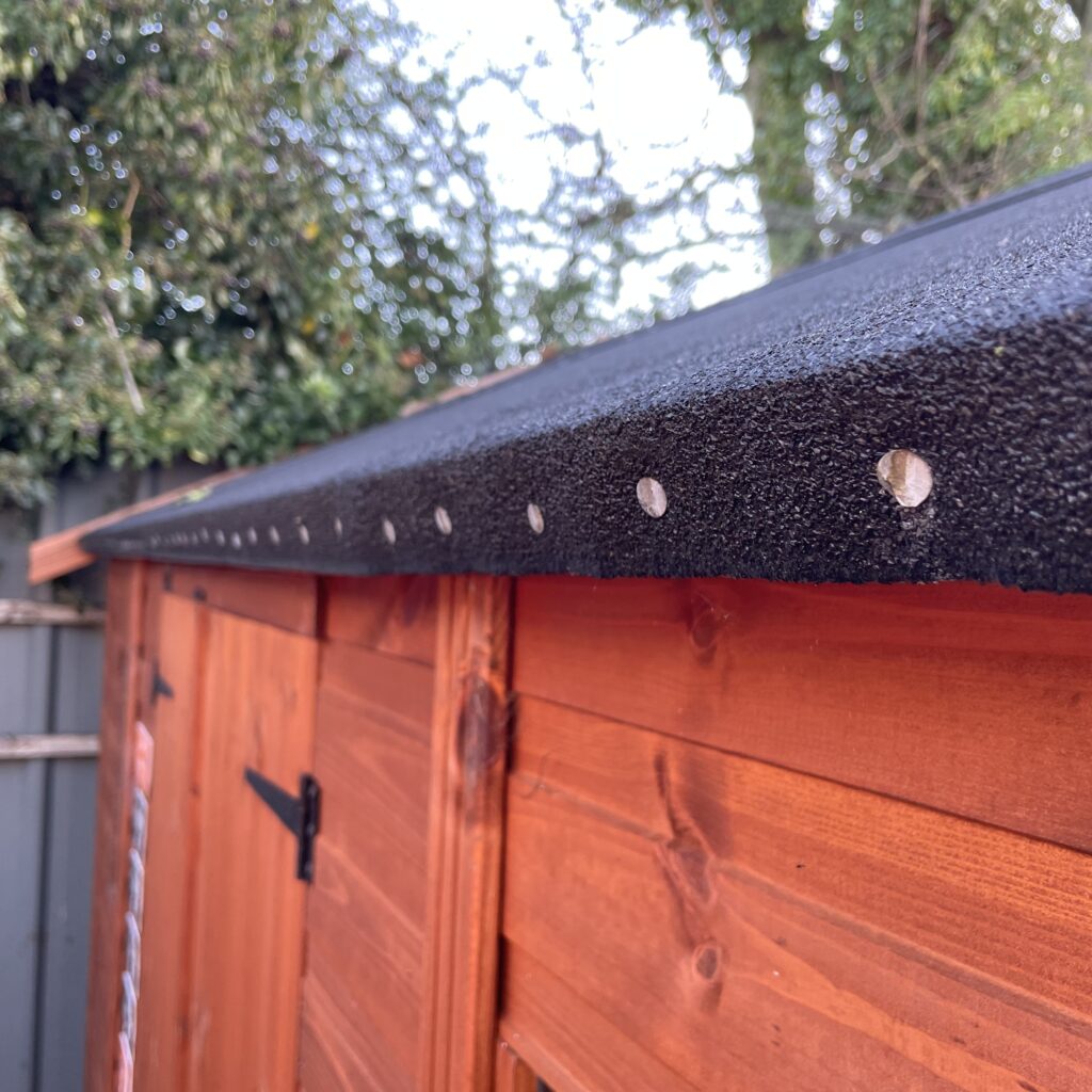 Apex roof edge of a Tiger Workman Apex Shed showcasing felt covering and fixings