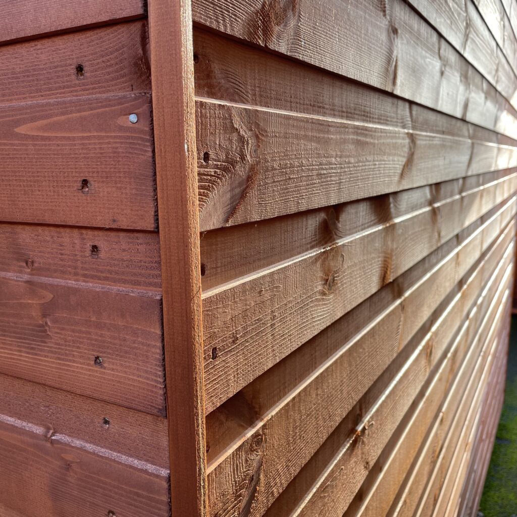 Close-up of the cladding on the Tiger Workman Apex Shed