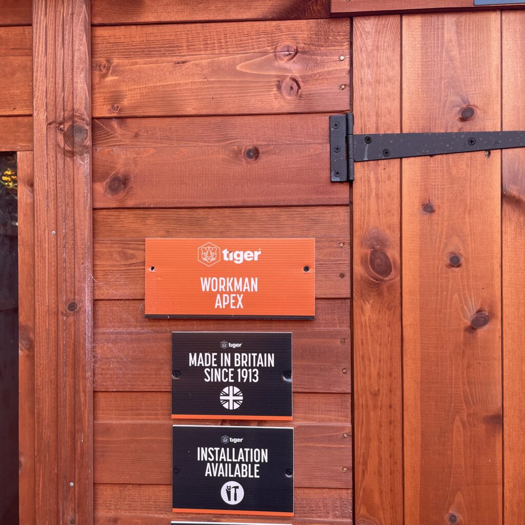 Tiger Workman Apex Shed signage and wooden cladding