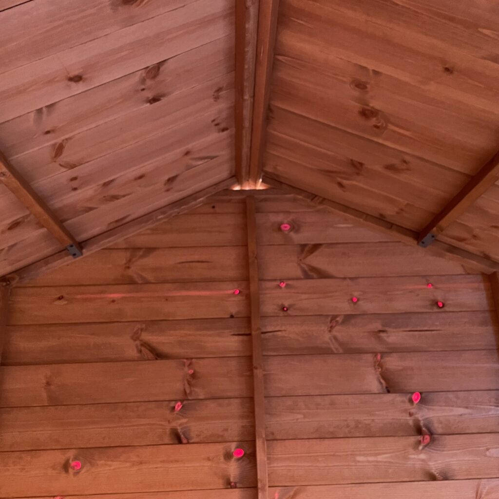 Interior view of a Tiger Workman Apex Shed showcasing wooden beams and wall panels
