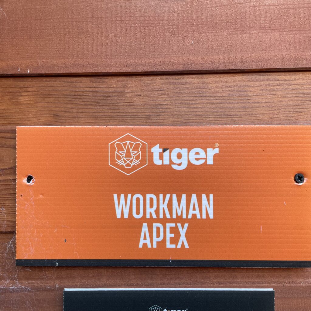 Tiger Workman Apex Shed sign displayed at a show site