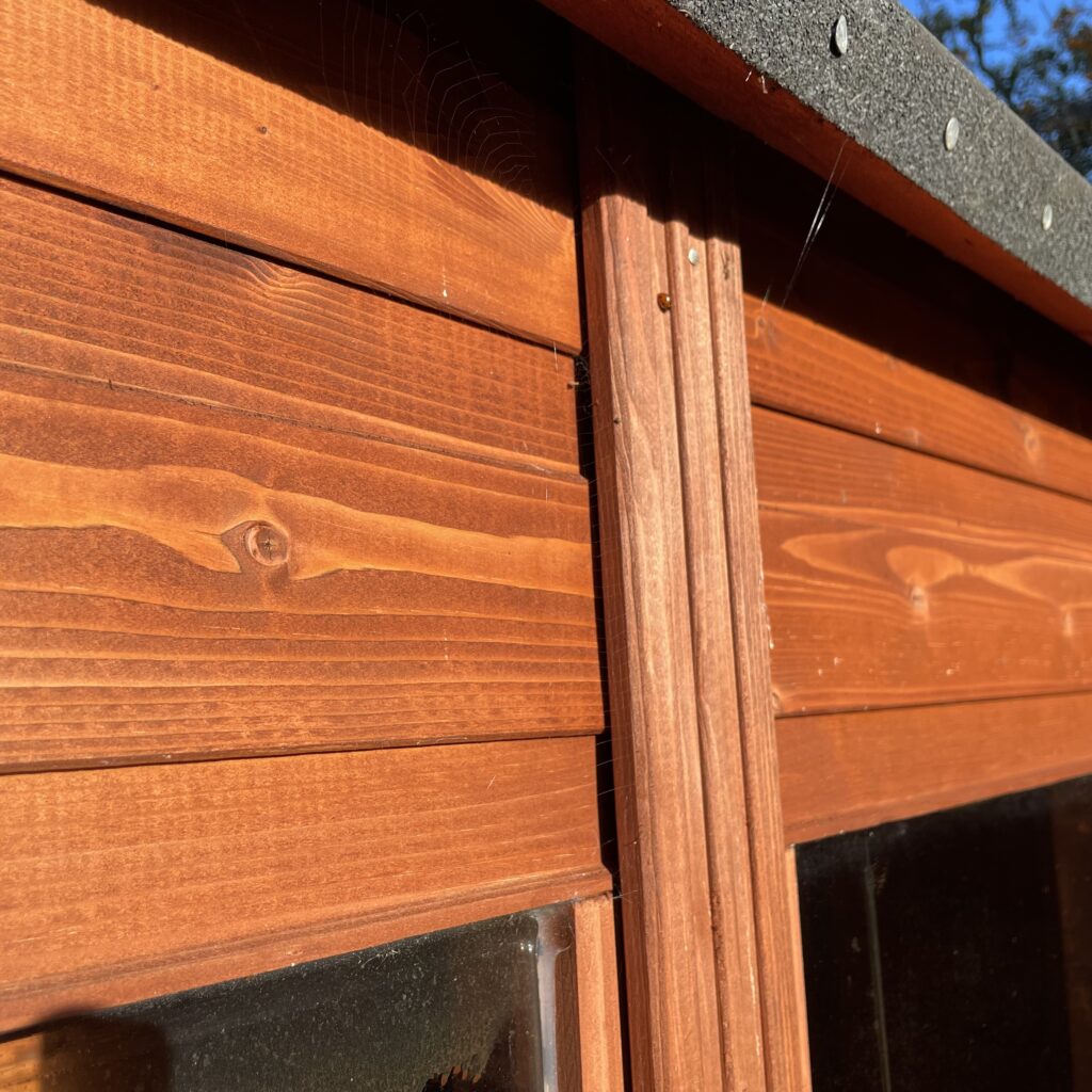 Close-up of the wooden cladding and joinery of the Tiger XL Heavyweight Workshop