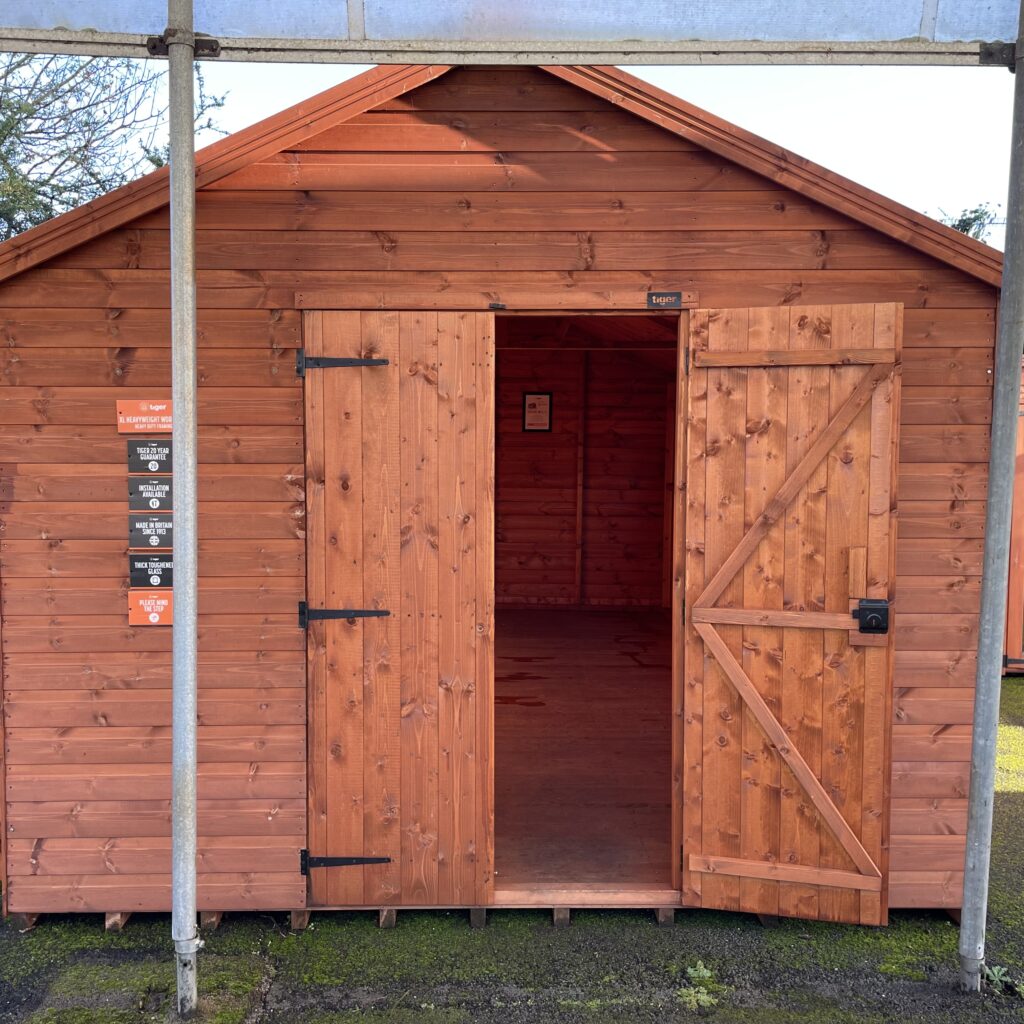 Front view of a brown Tiger XL Heavyweight Workshop with open doors