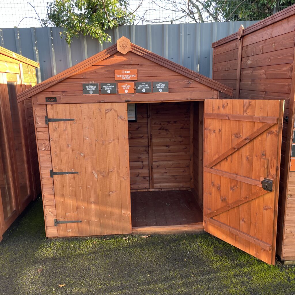 Open TigerFlex Apex Bike Shed showcasing double doors