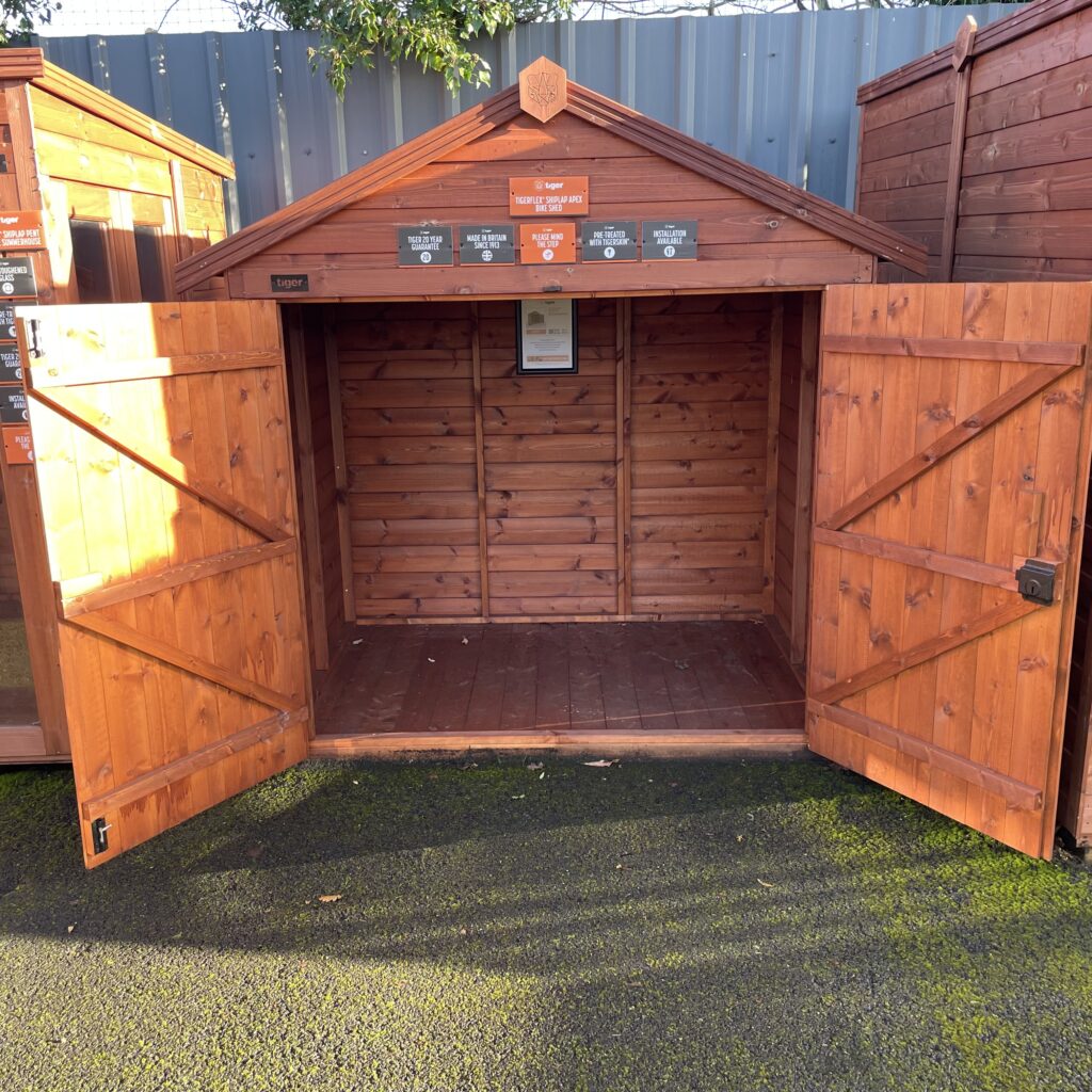 Interior view of the TigerFlex Apex Bike Shed with open doors