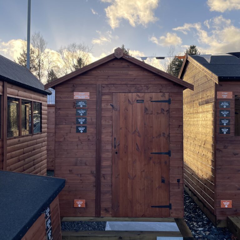 TigerFlex Shiplap Apex shed with single door displayed at the Tong Show Site.