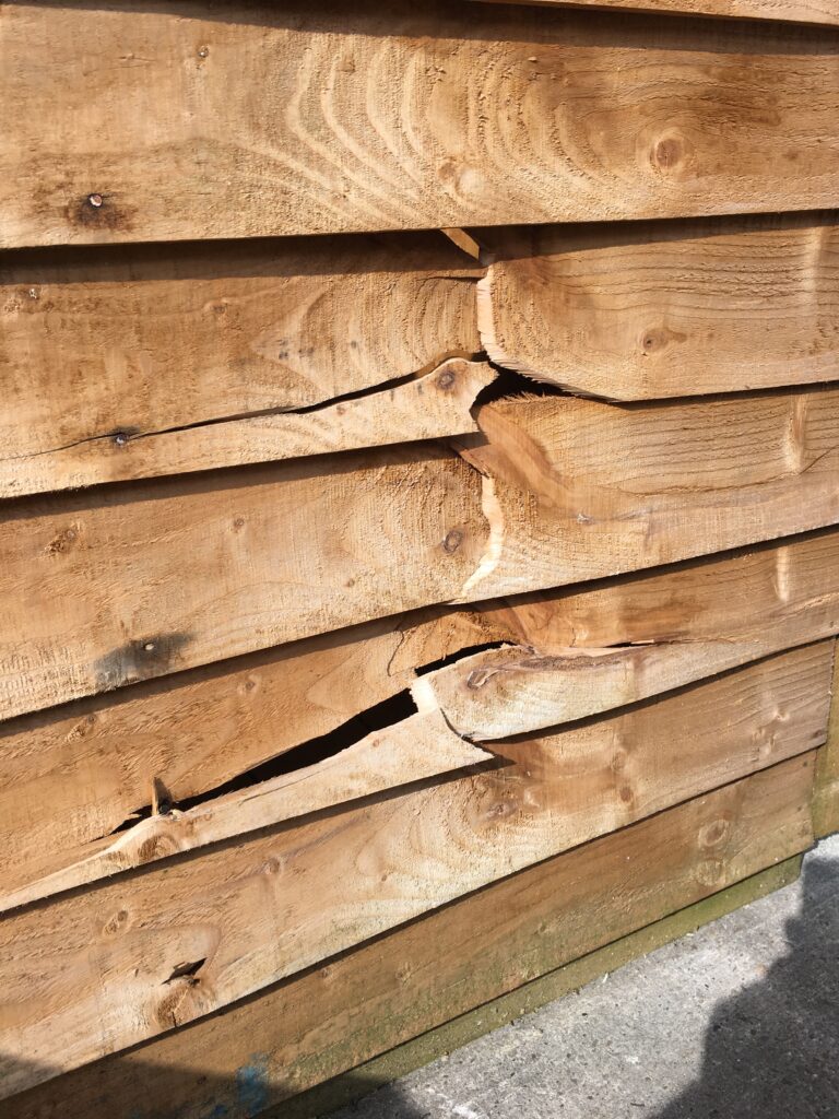 Cheaper alternative showing the thinner Overlap Cladding. This image shows have low quality wood mixed with a low quality construction method can compromise structural integrity.